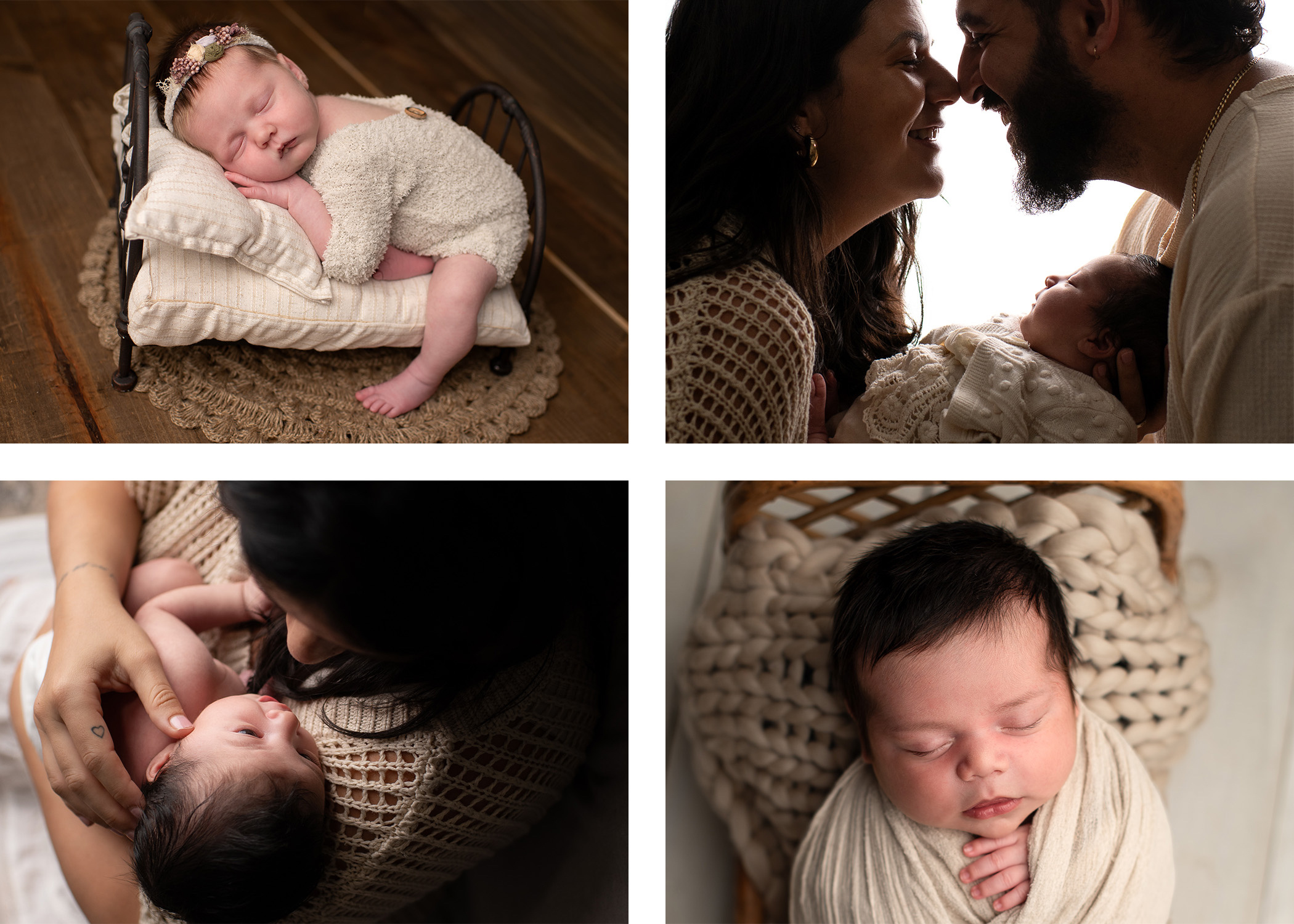 Images of in-home newborn sessions, both posed and lifestyle photos. Infant girl newborn bed prop, backlit studio style parents with newborn, lifestyle mother and daughter, posed newborn boy on cream boho prop. Corsicana, Duncanville, Dallas, Waxahachie