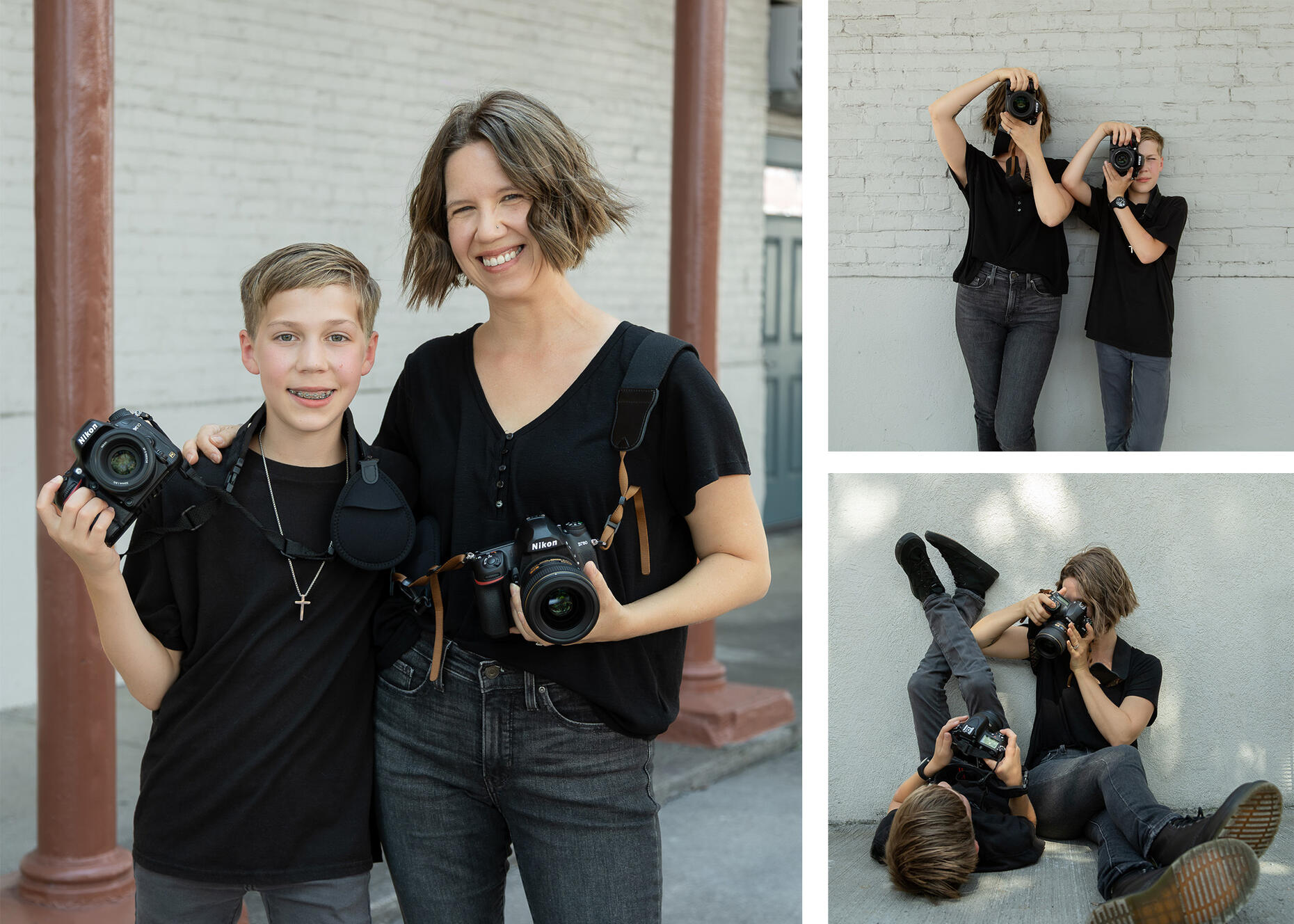 Collage of three images of professional mother and son team posing casually and photographing each other at an outdoor photo session in Lancaster, TX, southern DFW.