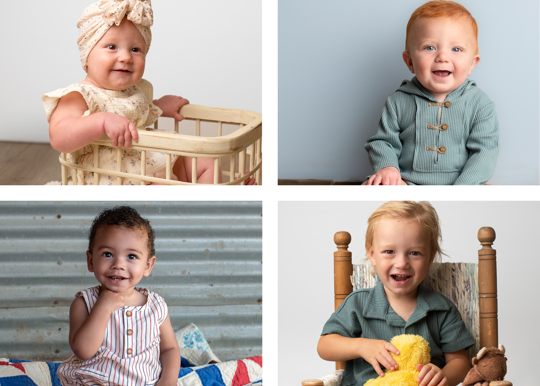 A collage of toddlers in both studio and outdoor settings shows a girl in a floral head wrap cream prop sitter session, red headed boy posed against blue backdrop milestone session, tan curly haired boy lifestyle outdoor, blonde preschooler personality
