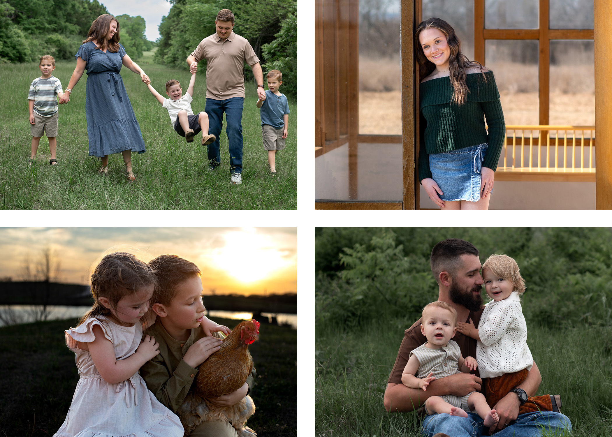 collage of outdoor lifestyle photography sessions in Waxahachie, Plano, Lancaster, and Midlothian, Texas. A family of five, a teen girl, a brother and sister at sunset, a father and sons.